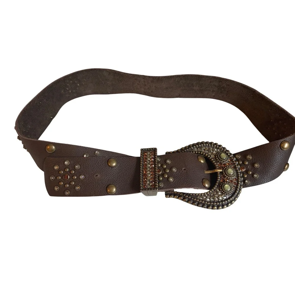 Vintage LEATHERROCK USA Brown Leather Western Rhinestone Belt Boho 41